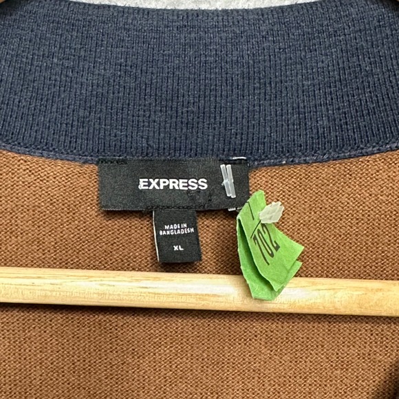 Express Mens XL Knit Polo Shirt Navy Brown Cream Color Block Button Front Cotton - Picture 6 of 7